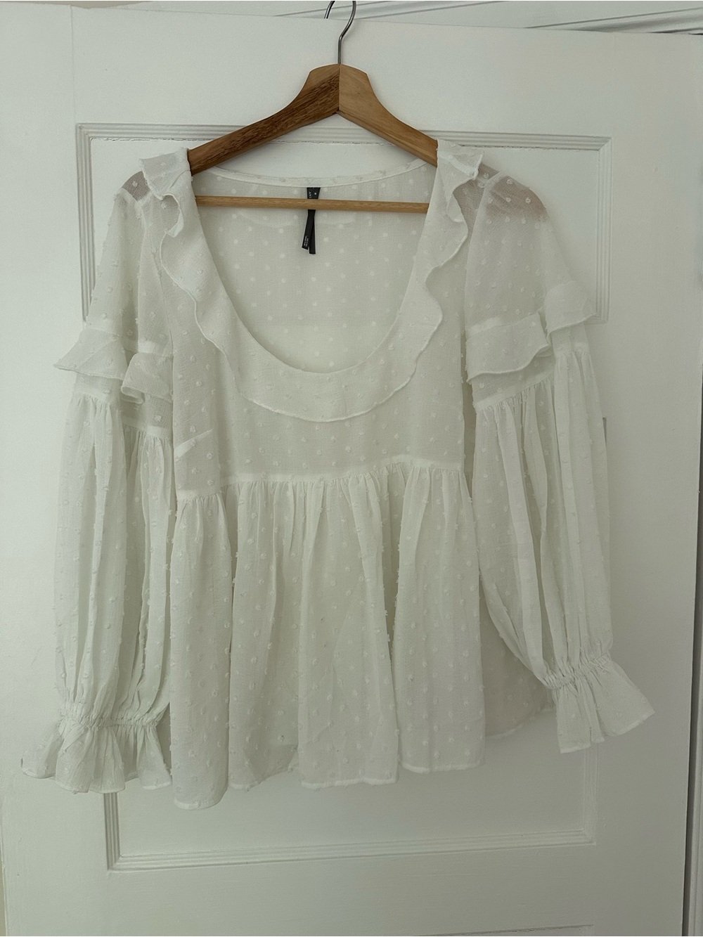Anthropologie Cream Swiss Dot Ruffle Peplum Blouse
